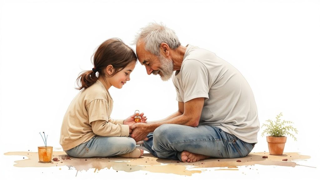 A heartwarming watercolor illustration of a grandfather and granddaughter sharing a tender moment, foreheads touching.
