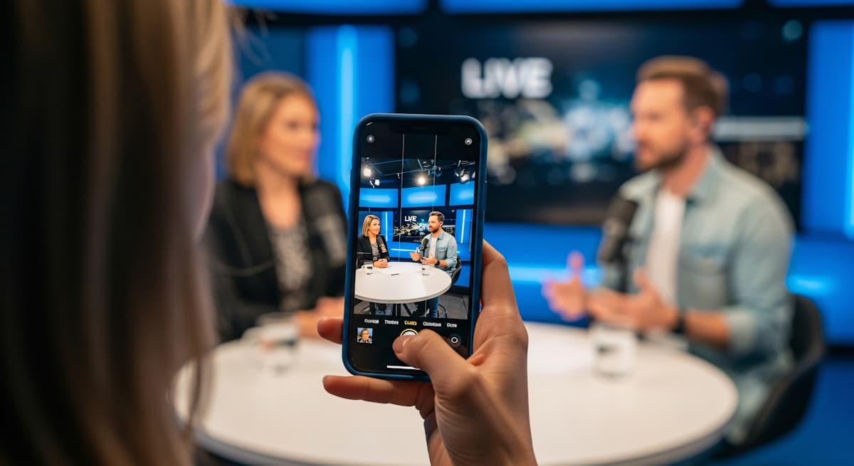 Ein bild von einer Frau, die gerade mit einem Handy ein bild von 2 personen macht