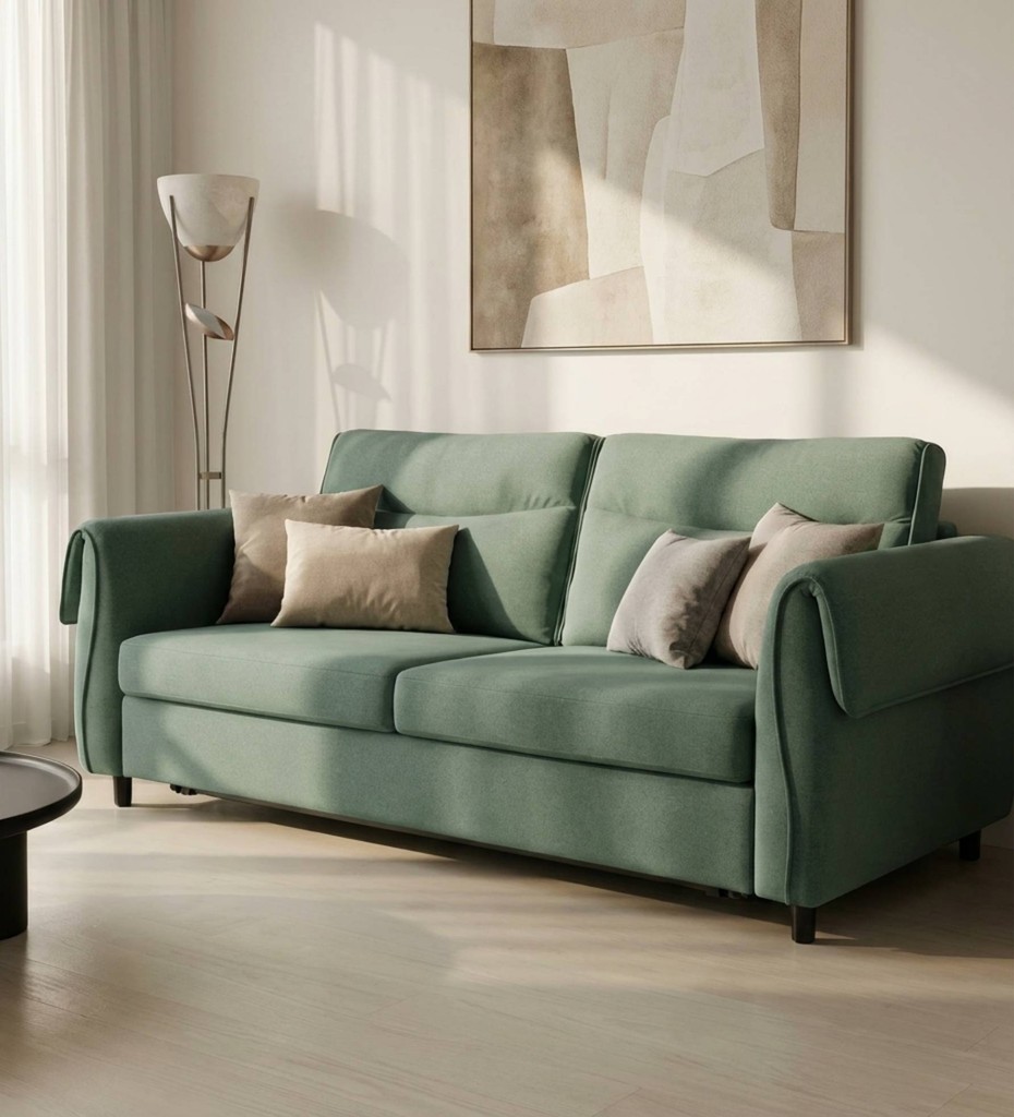 Luxury contemporary cane sofa with teal upholstery and wooden frame