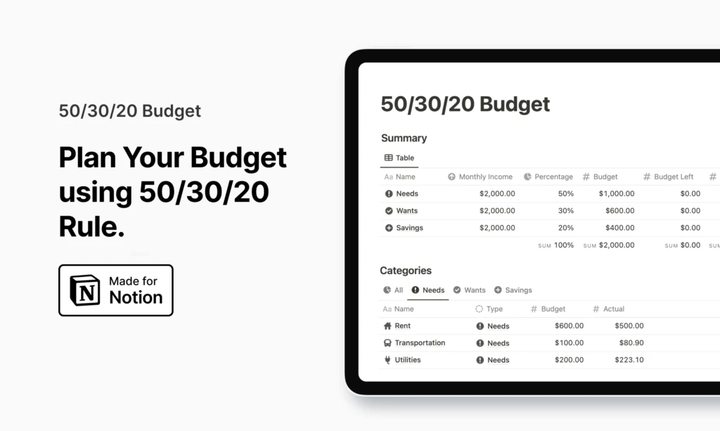 Free Notion Template 50/30/20 Budget Tracker