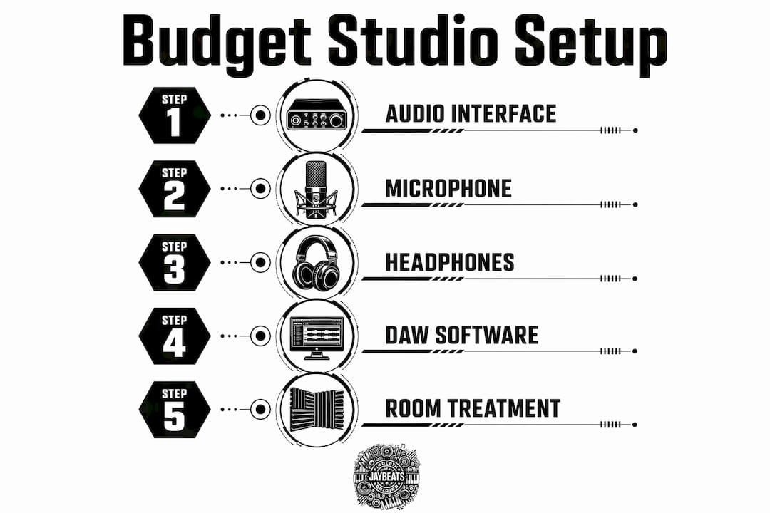 Infographic showing five setup steps for budget home studio