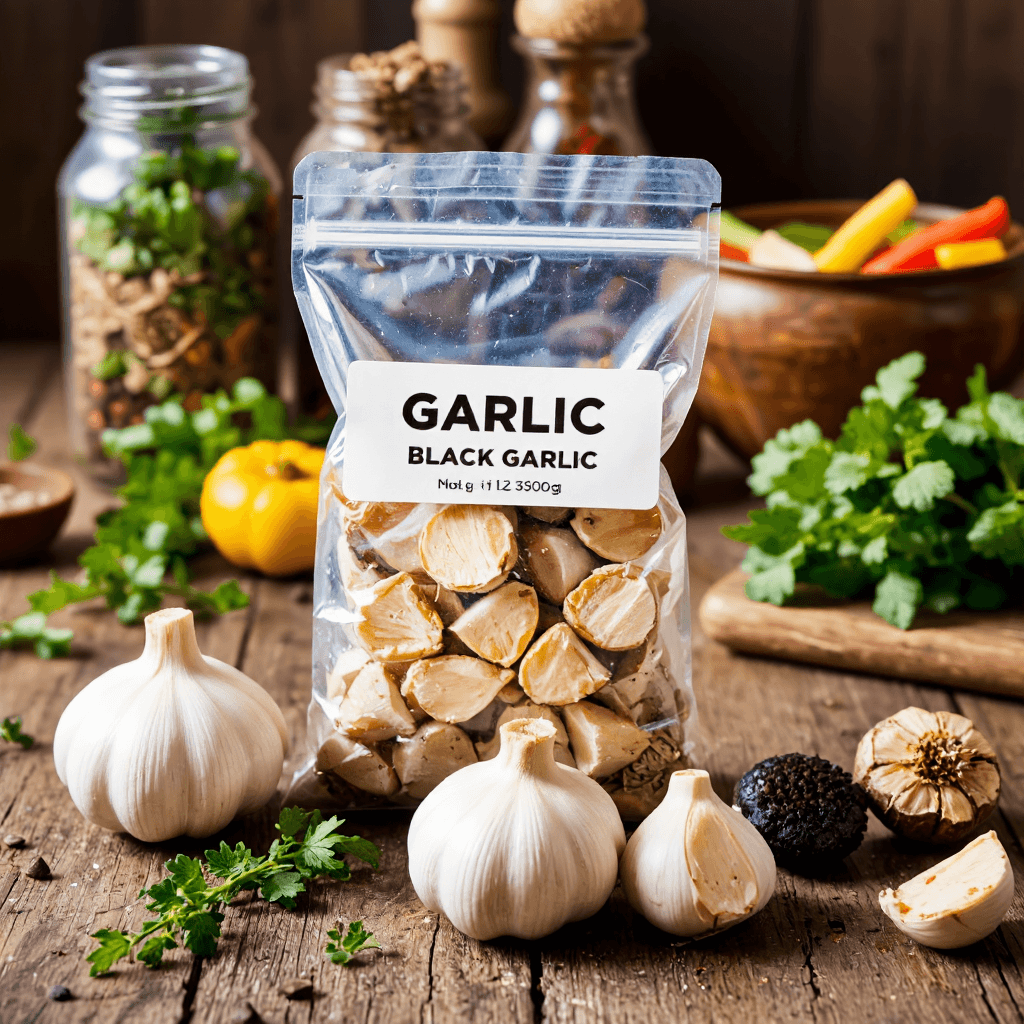 product photography of A bag of garlic and two pieces of black garlic