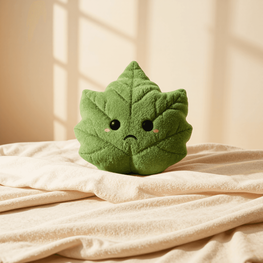 product photography of a plush toy shaped like a leaf with a face, designed for decoration or comfort