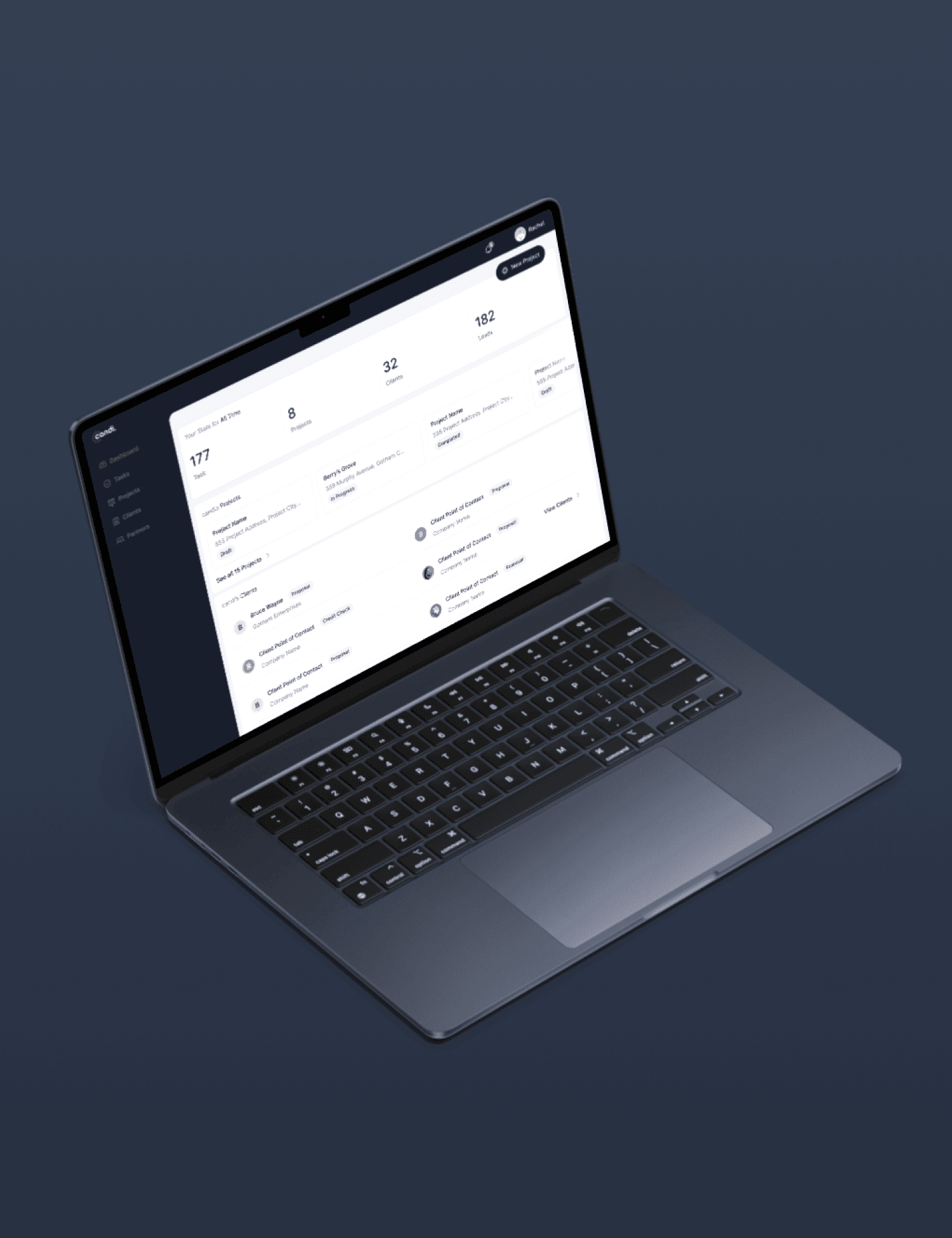 An open laptop showing the landing page of candi solar's sales and client dashboard used to automated admin to make solar solutions more efficient to launch