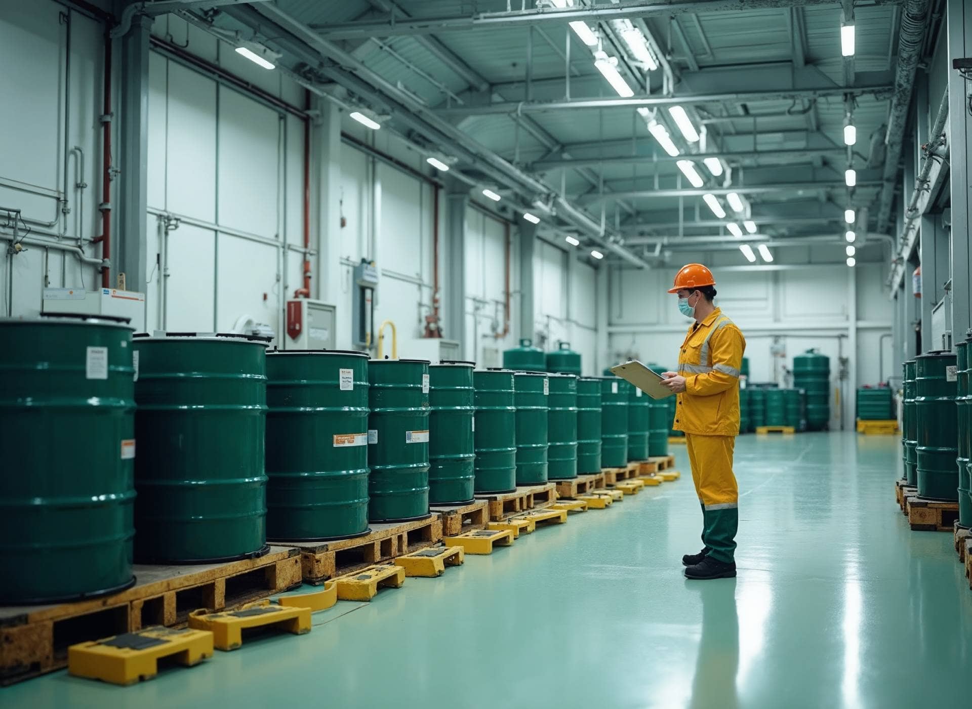 Un homme portant un casque de sécurité orange, une combinaison de travail jaune et un masque facial, se tient dans un entrepôt industriel bien éclairé. Il examine un presse-papiers ou une tablette tout en étant entouré de rangées de barils verts alignés sur des palettes, suggérant une gestion d'inventaire de matières dangereuses.