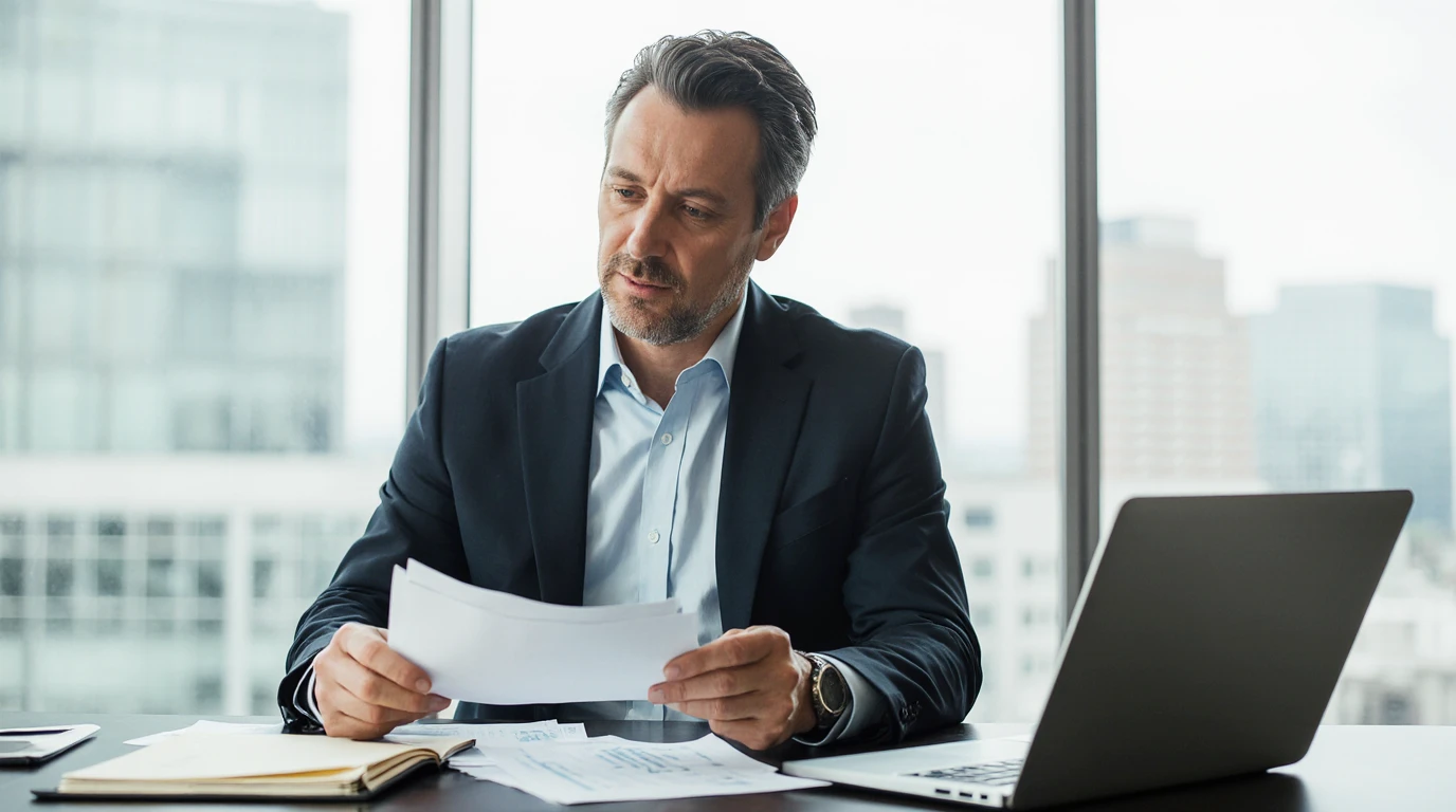 Executivo sênior analisando documentos em escritório corporativo moderno, representando decisão estratégica entre admissão temporária e importação definitiva no planejamento aduaneiro.