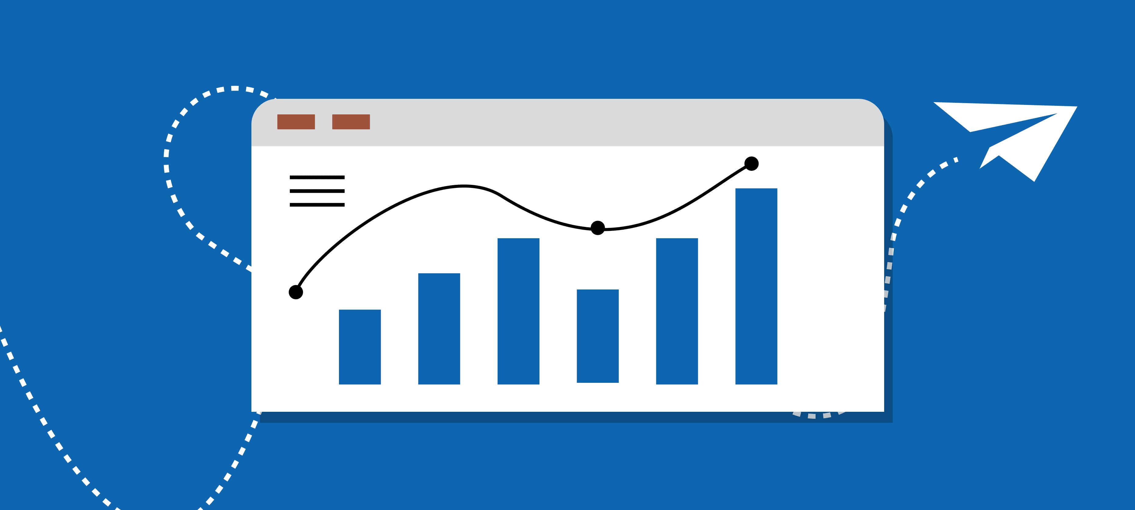 Illustration of B2B demand generation metrics, showing a dashboard with bar and line charts connected by a dotted flight path and paper plane, representing performance tracking, measurement, and optimization of B2B demand generation efforts.
