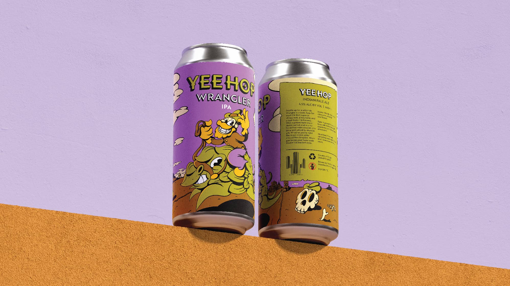 Two illustrated YeeHop Wrangler IPA beer cans on a ledge, featuring playful rubber-hose–style artwork of a Wild West cowboy riding a creature shaped like a hop.