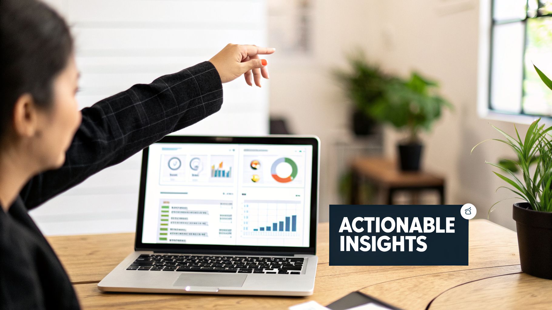 Professional pointing to a laptop displaying charts and graphs, with 'ACTIONABLE INSIGHTS' text.
