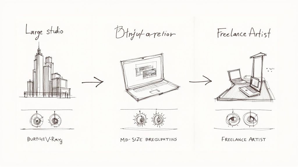 Diagram showing evolution from large studio with V-Ray to freelance artist using rendering alternatives