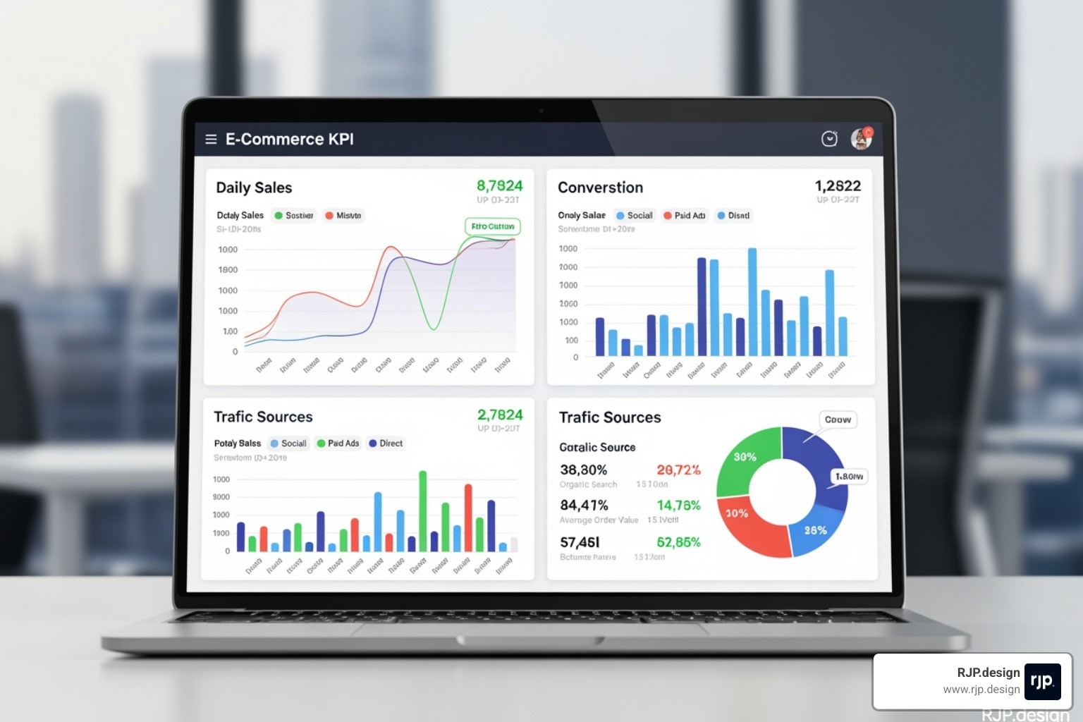 ecommerce KPI dashboard showing sales, conversion rates, and traffic sources