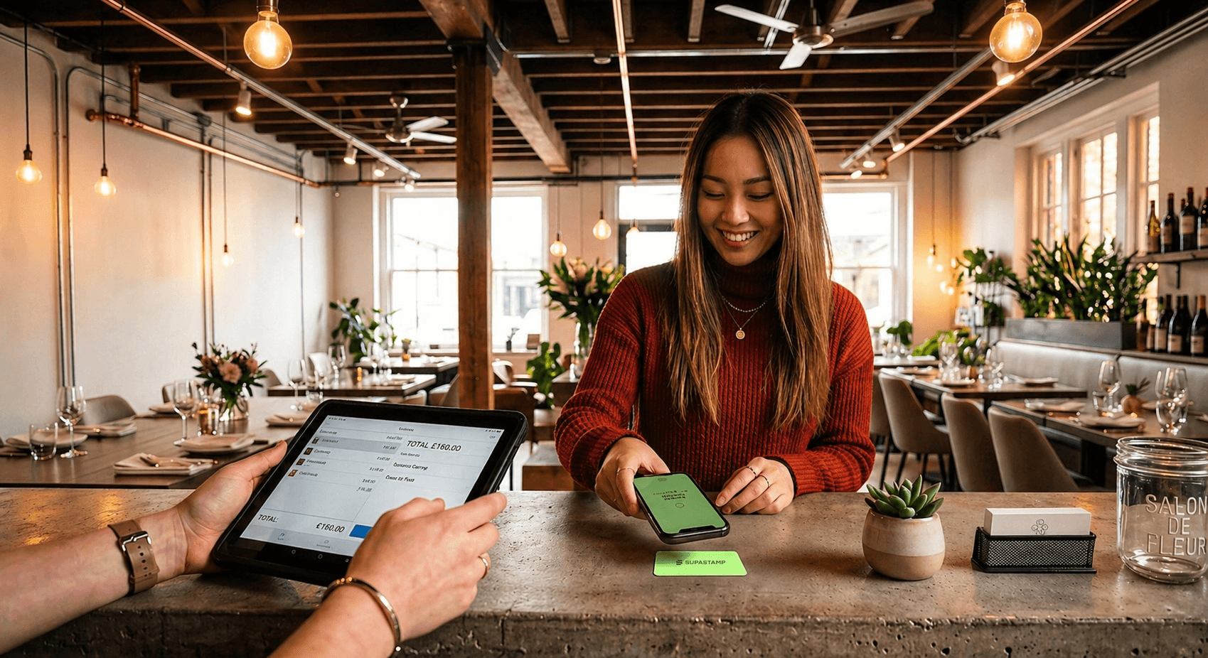 Young woman holds smartphone to Supa Card and collects loyalty points