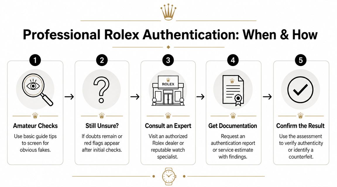 A five-step infographic showing the professional process for determining the authenticity of a Rolex luxury watch.