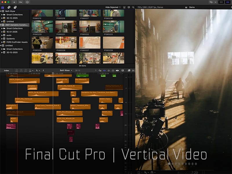 The image displays a detailed Final Cut Pro X interface with a timeline of video clips on the left and a preview window showing a sunlit indoor scene on the right, highlighting vertical video editing. Abarel Studio edit vertical reels.