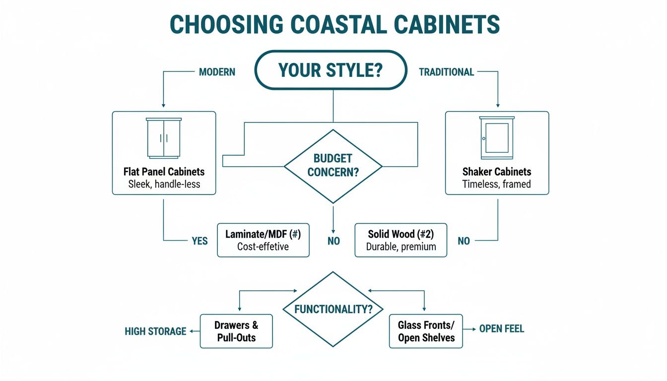 A decision flowchart for selecting coastal cabinets, guiding choices based on style, budget, and desired functionality.