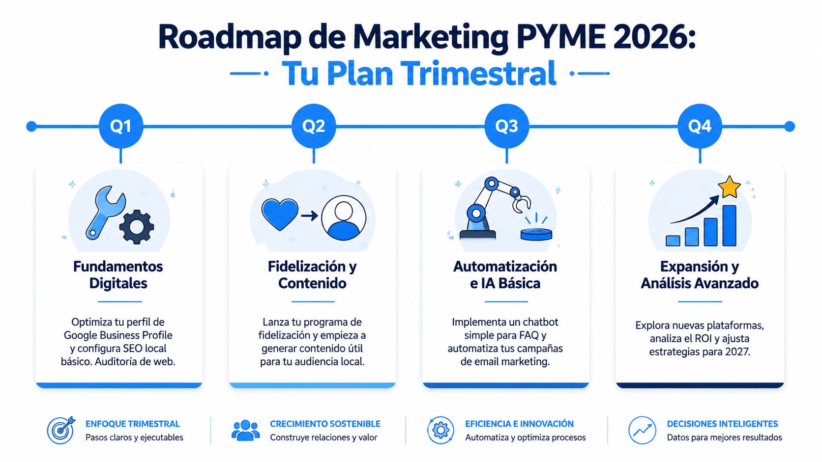 Infografía del plan de marketing trimestral para pequeñas y medianas empresas durante el año 2026.