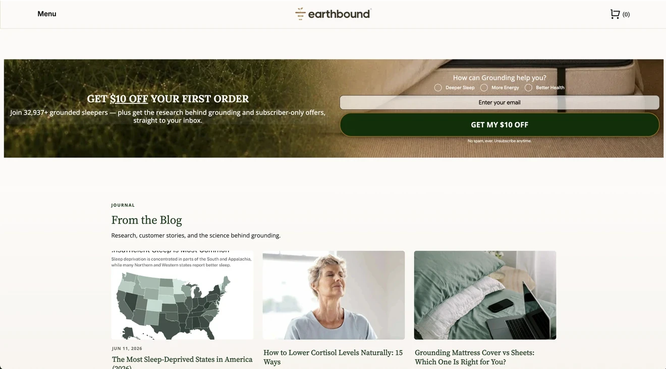 Earthbound preference-based email opt-in form offering $10 off and asking about wellness goals