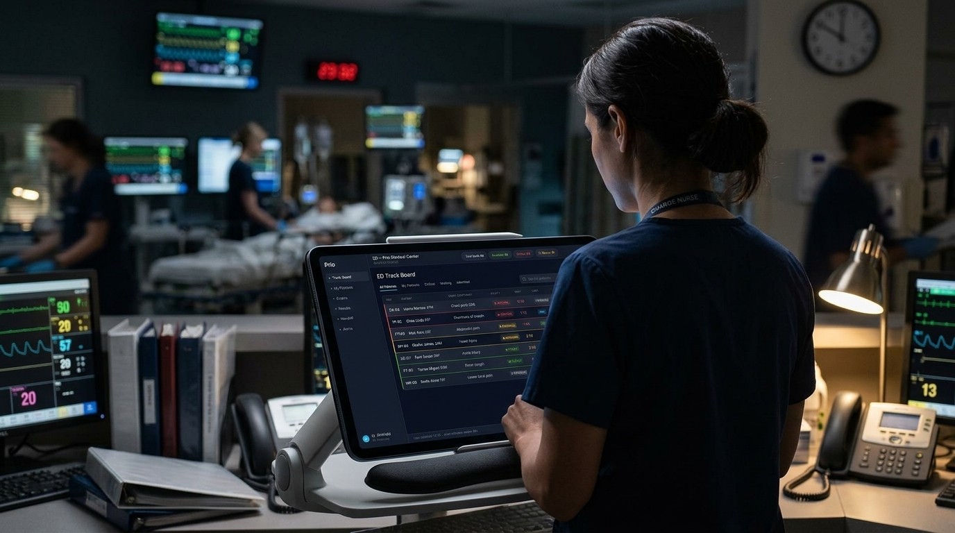 Nurse at an emergency department workstation using Prio, with patient monitors glowing in the background