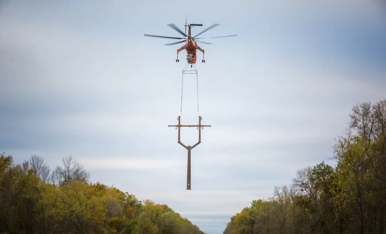 Y-frame pole installation with helicopter