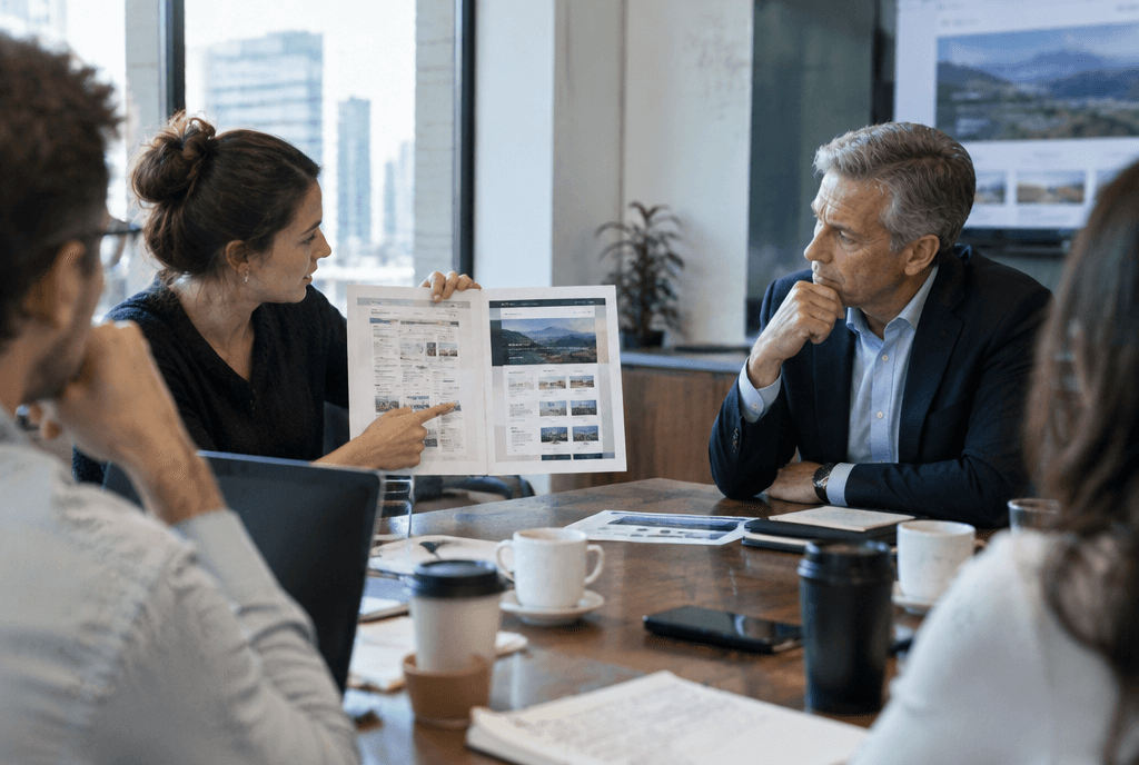 CEO in a boardroom listening as a designer presents before-and-after website layouts
