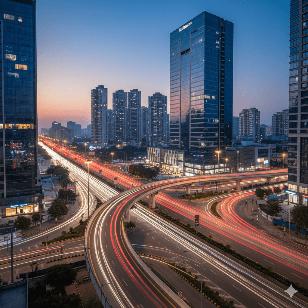 Dynamic traffic and commercial towers symbolizing investment growth in Sector 75, Gurugram