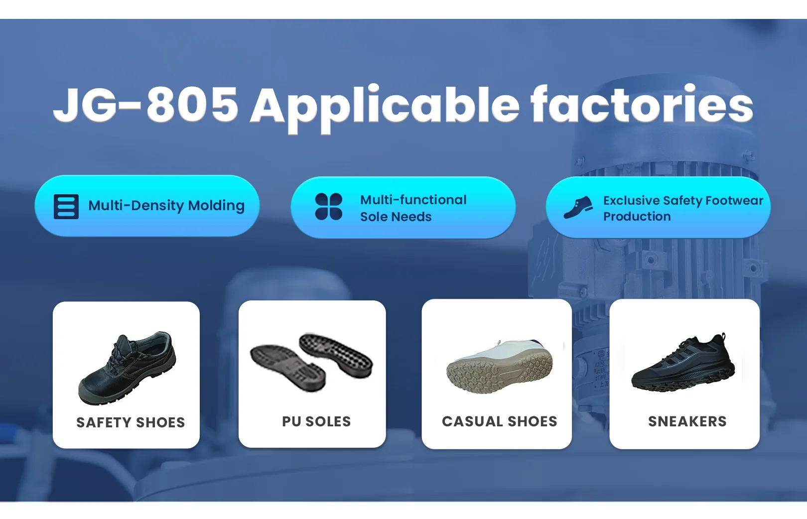 JG-805 machine in factory workshop real shot / JG-802 sole pouring demo / JG-802 full production line / JG-802 sole quality inspection