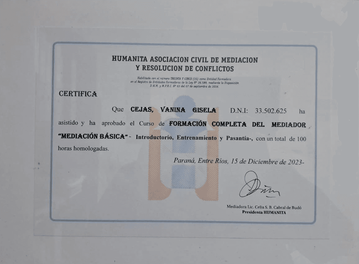 Certificado de mediadora de Gisela Cejas
