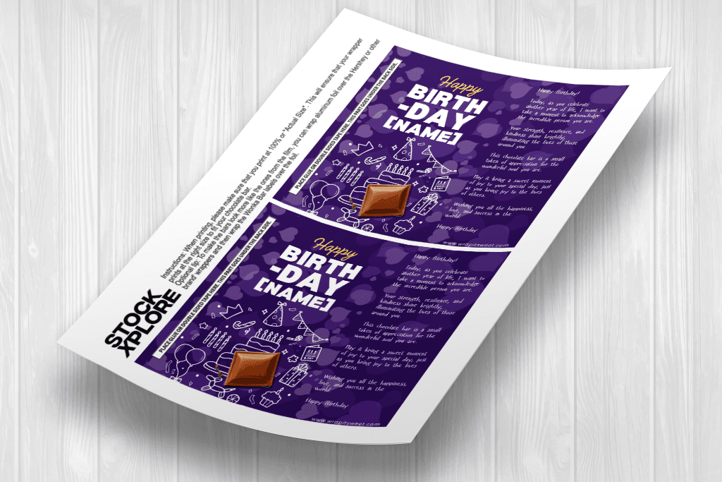 Elegant purple and gold 'Happy Birthday' chocolate wrappers for Hershey's 1.55oz bars. Customizable using Canva adds luxury to parties, gifts, and celebrations!