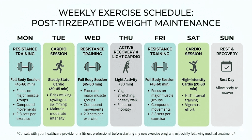 Weekly exercise schedule for maintaining weight loss after stopping tirzepatide