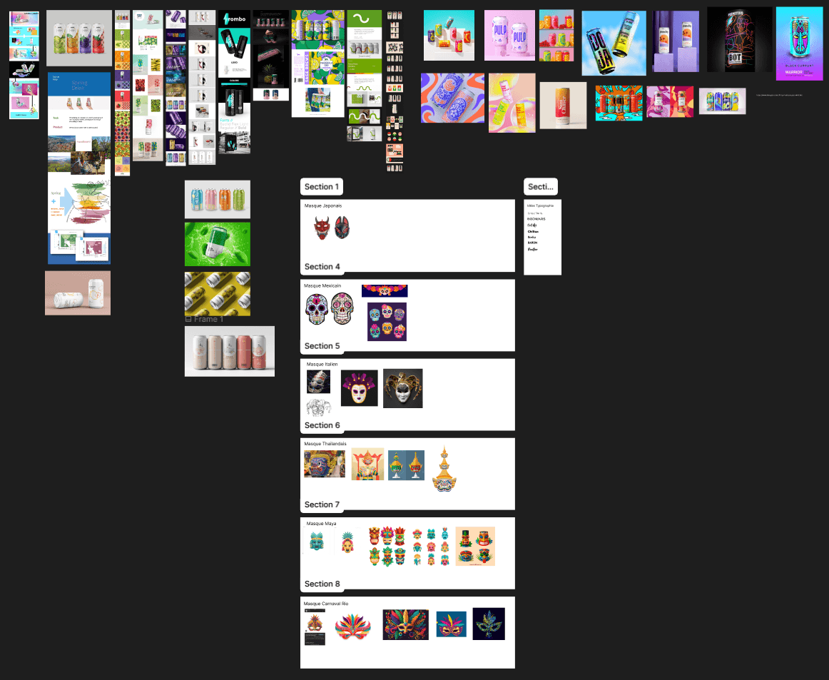 Planche tendance moodboard réalisé dans le cadre d'un projet de motion design et de modélisation 3D par un ux/ui designer à nantes autour d'une marque de boisson nommée Odysea