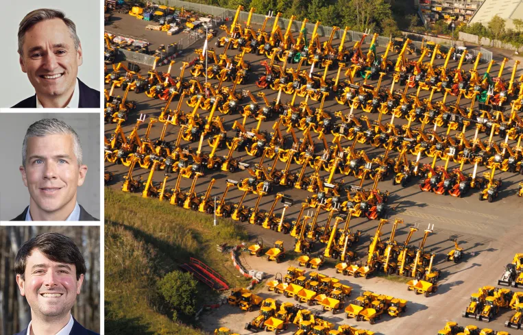 Headshots of three Alterra IOS partners beside an aerial view of a yard packed with yellow construction machinery