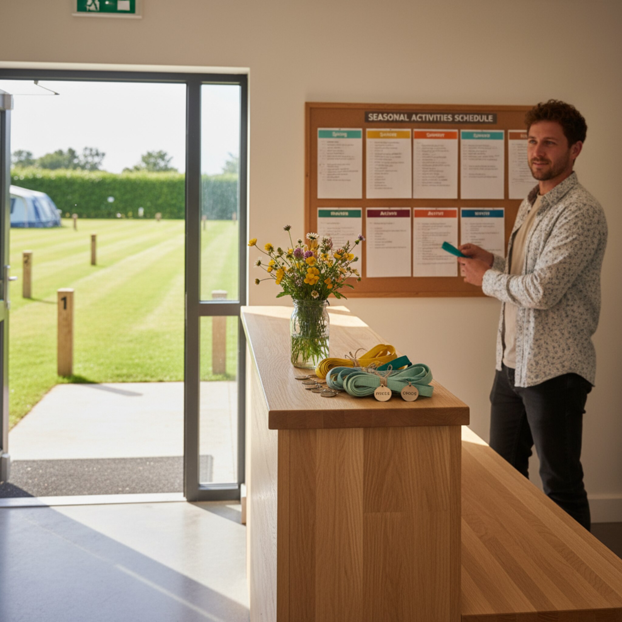 Im Rezeptionsgebäude hängt ein sauber beschrifteter Saisonplan an der Wand. Eine Mitarbeiterin steckt farbige Markierungen um, während durch die Tür warmes Tageslicht fällt. Auf dem Tresen liegen gebundene Schlüsselbänder, daneben ein kleiner Strauß wilder Blumen. Durch das Fenster sieht man nummerierte Stellplätze, frisch gemähte Streifen zeichnen klare Linien.