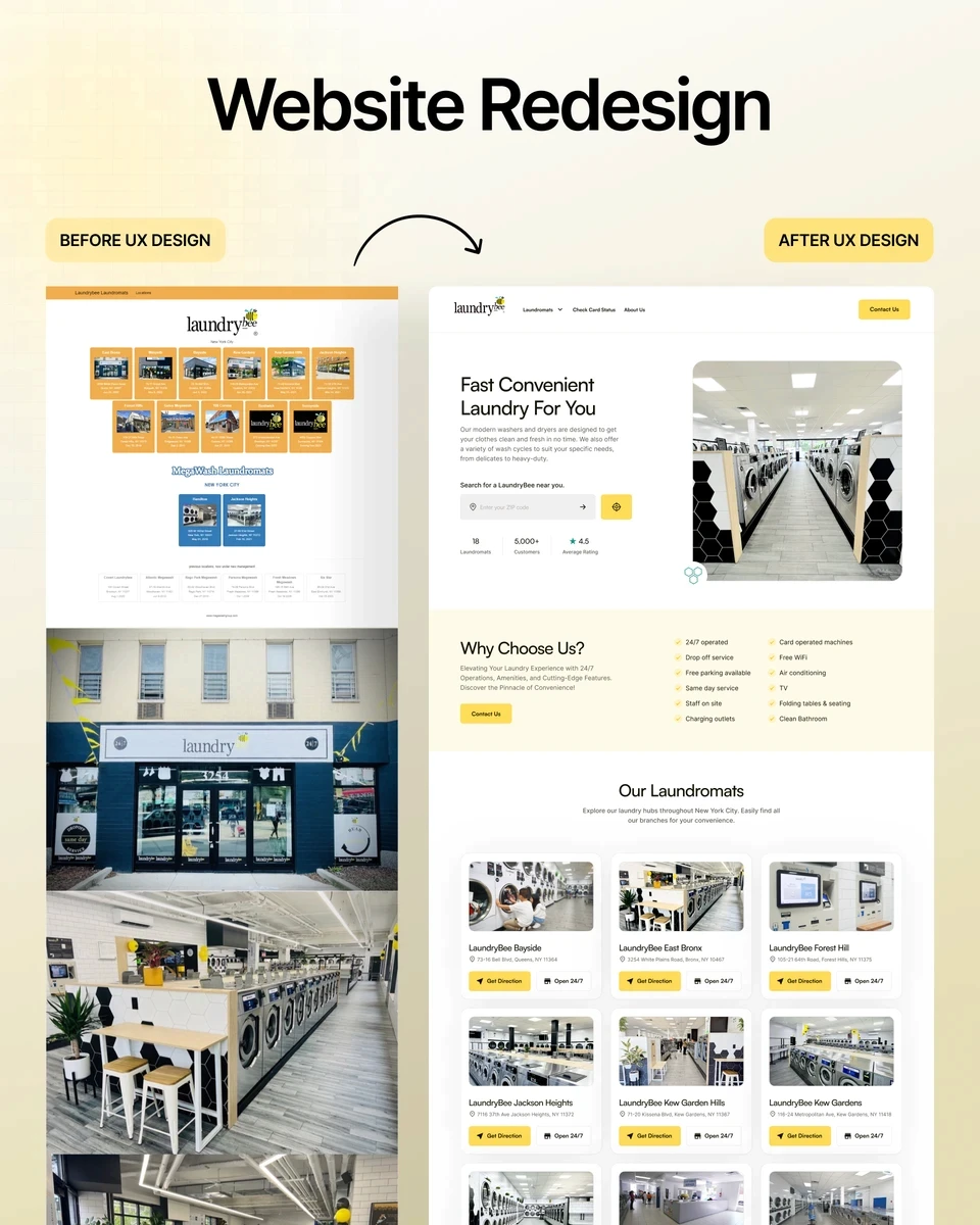 Before and after comparison of the website Laundrybee, how it looked before and after UX design.