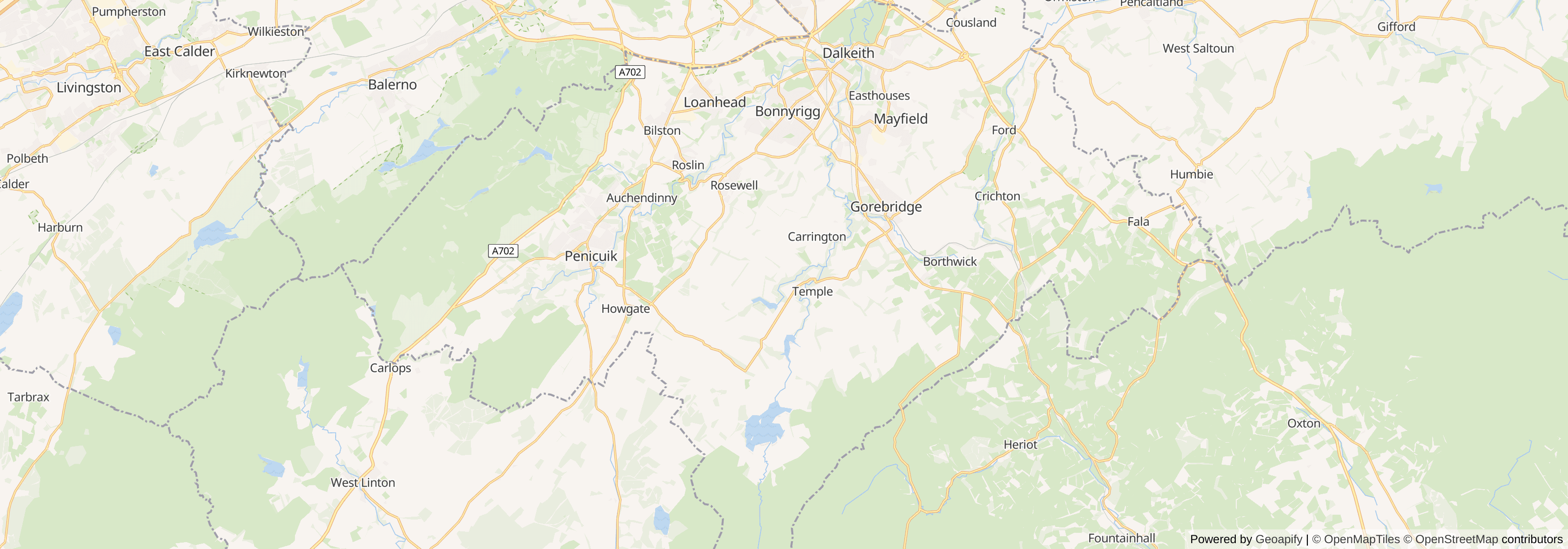 Map of Midlothian showing main towns, roads and surrounding areas