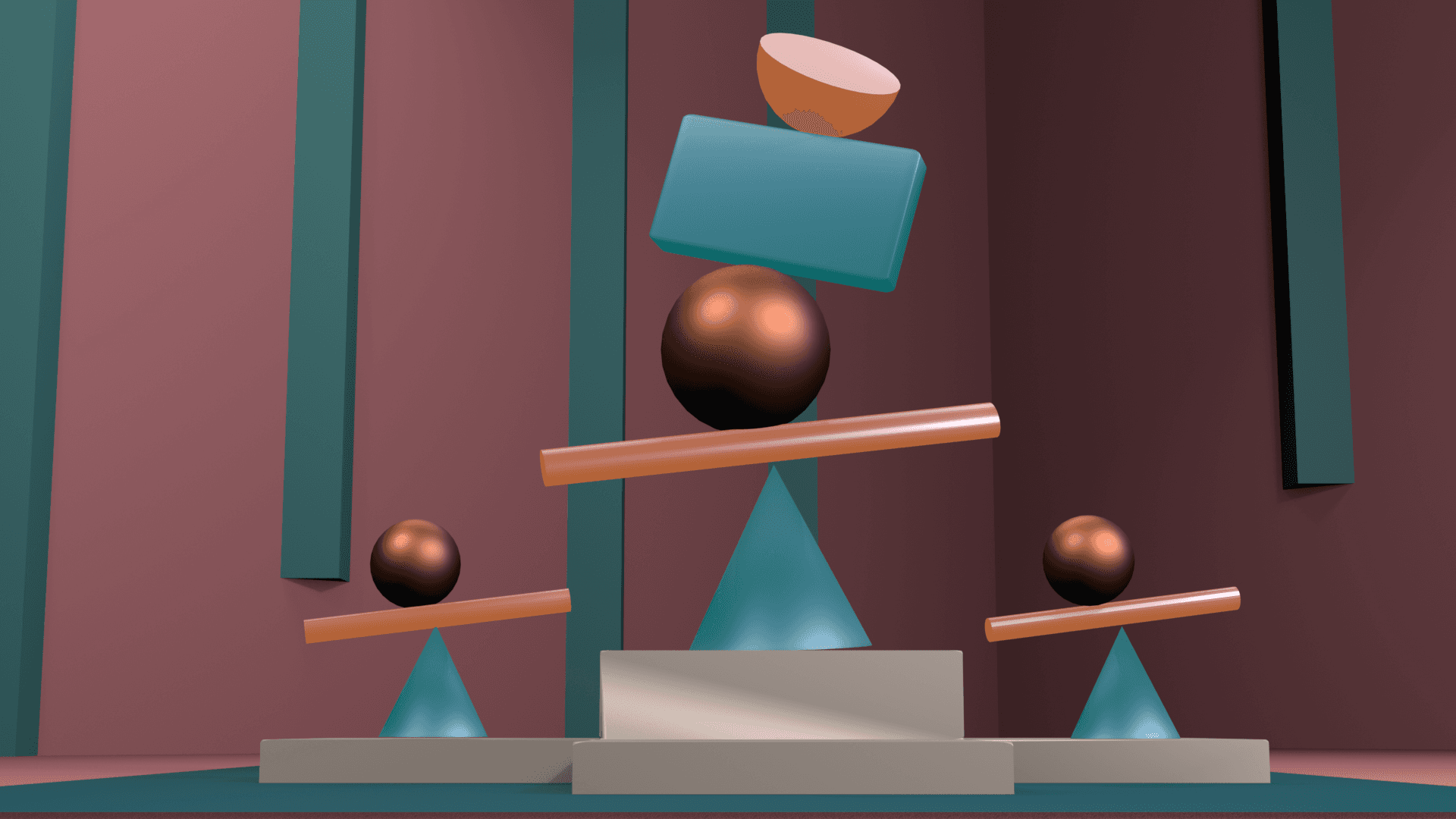 8-second 3D geometric building blocks balancing animation created in Blender.