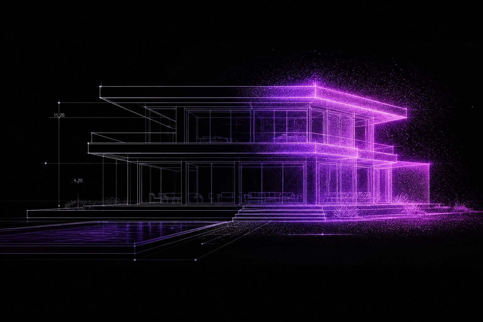 a modern outline of a large home with a glowing purple gradient