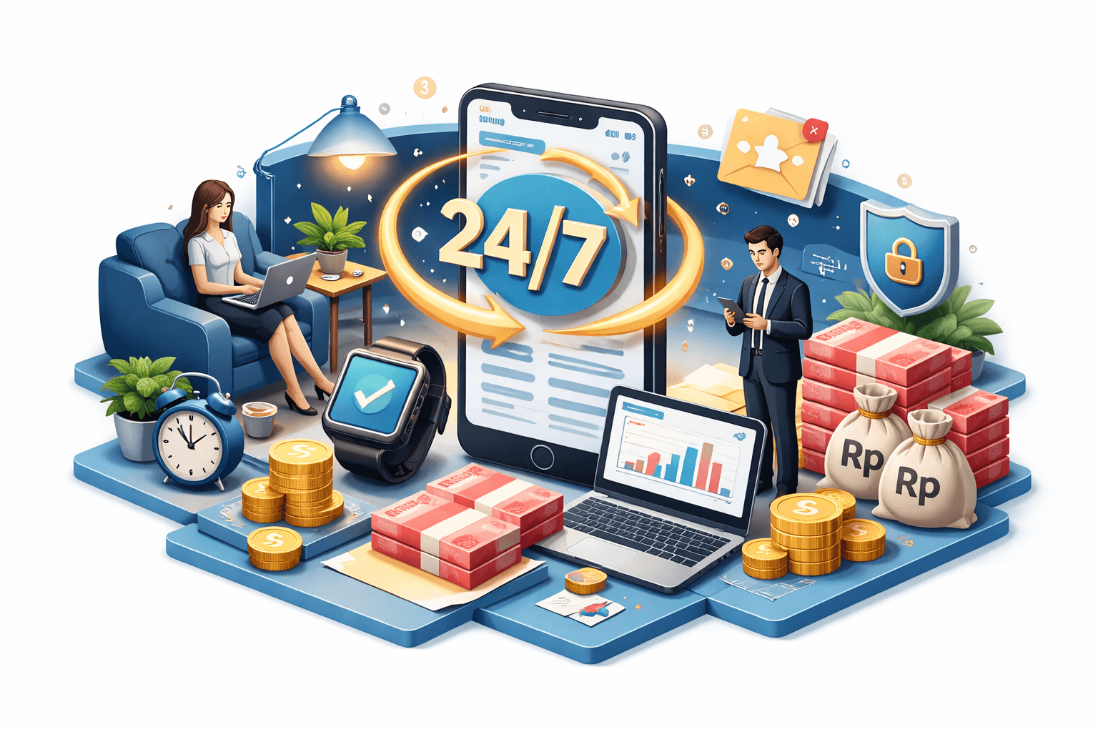 Ilustrasi layanan keuangan digital 24/7 berbasis AI. Di tengah, smartphone besar menampilkan ikon 24/7 dengan panah melingkar (layanan nonstop). Di sekelilingnya terdapat laptop dengan grafik kinerja, smartwatch, tumpukan uang dan koin, paket uang Rp, serta ikon perisai dan gembok yang menandakan keamanan.  Di kiri, seorang pengguna bekerja dengan laptop di sofa (akses jarak jauh), sementara di kanan seorang profesional memantau ponsel. Elemen alarm/jam, email/notifikasi, dan grafik menggambarkan respons cepat, otomasi, dan monitoring real‑time. Visual merepresentasikan omnichannel banking, keamanan, dan operasional finansial yang selalu aktif.