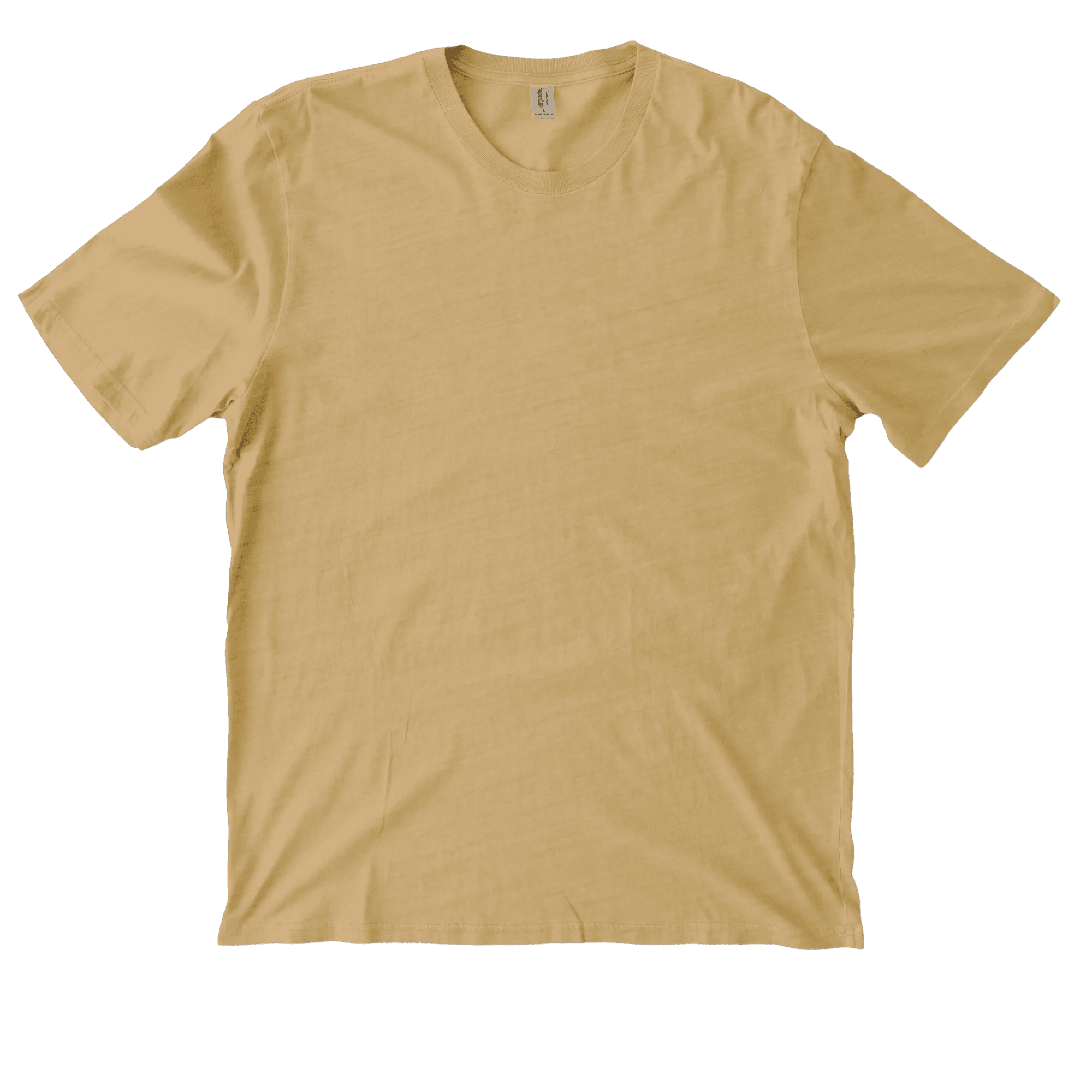 An Allmade Unisex Organic Cotton Mineral Dye Tee in Golden Wheat displayed on a flat surface, highlighting its simple, casual design and short sleeves.