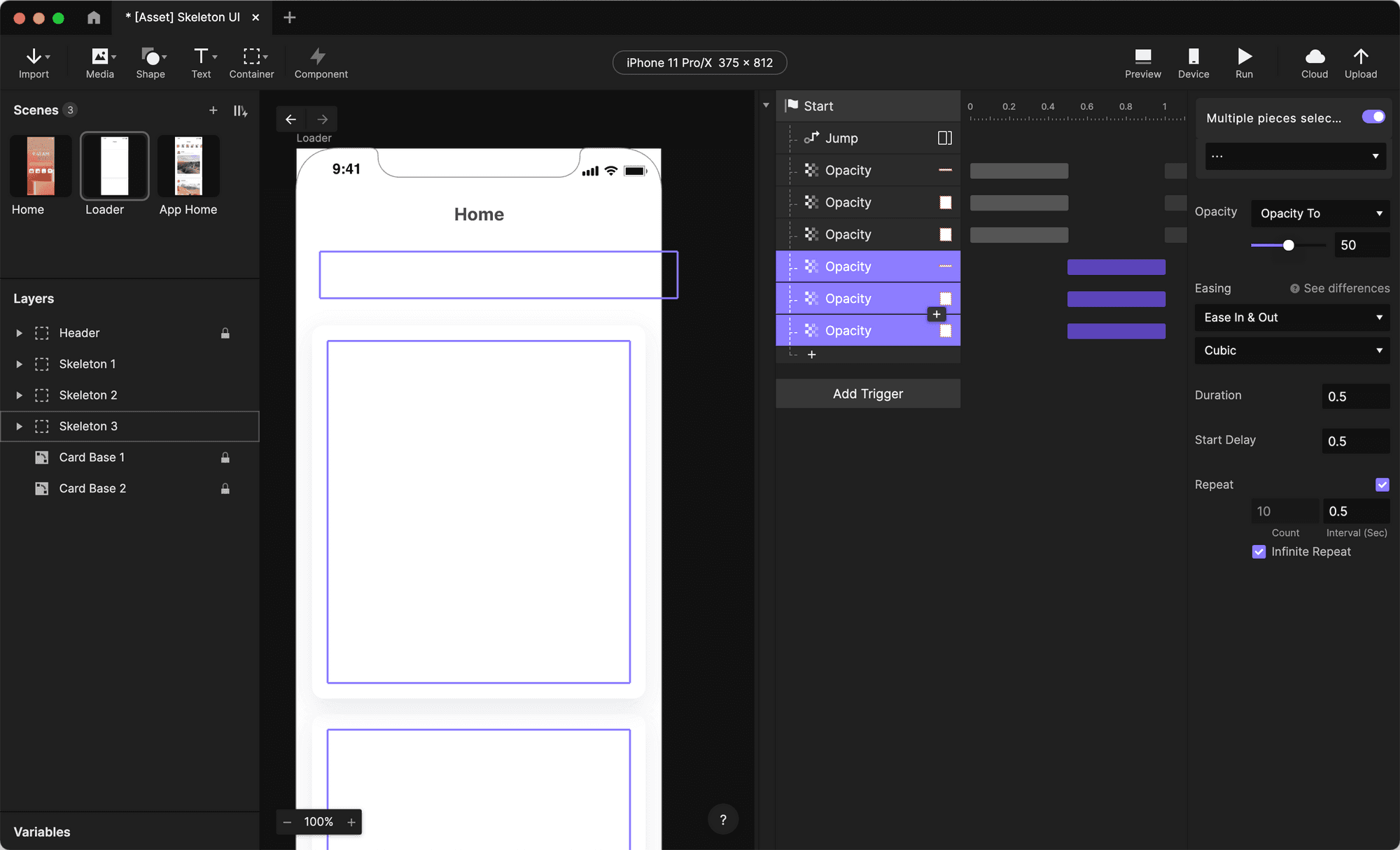 Set the Start delay of the three new responses to 0.5. 
