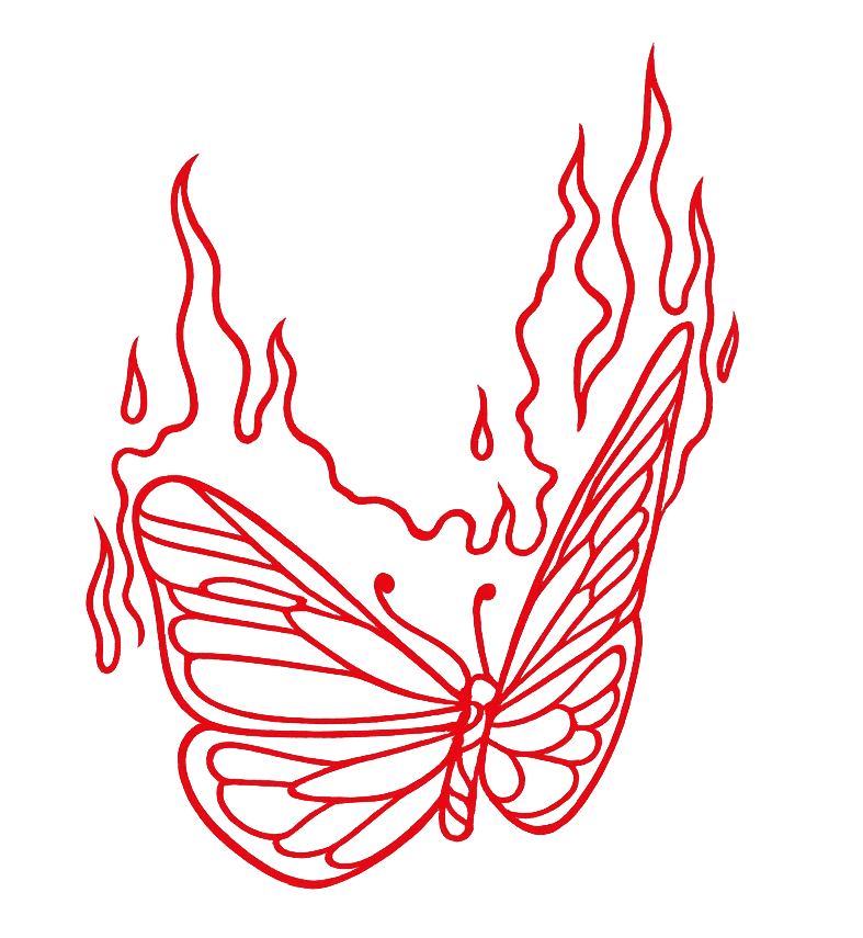 Red line-art drawing of a butterfly rising out of flames
