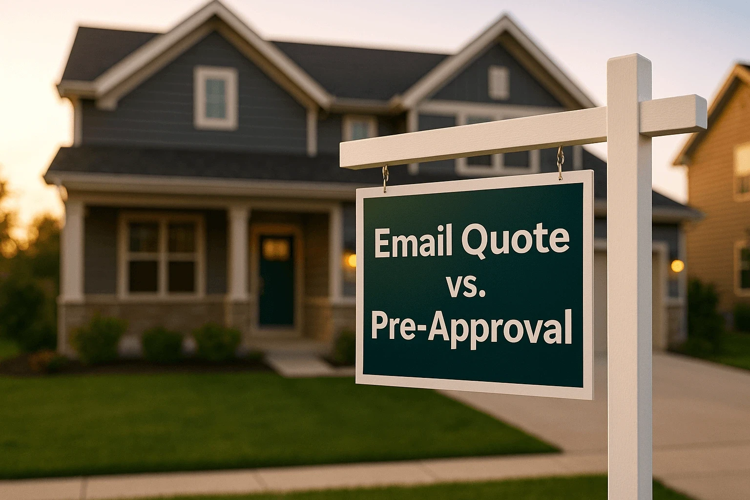  Real estate sign in front of a house displaying the words “Email Quote vs Pre-Approval”.