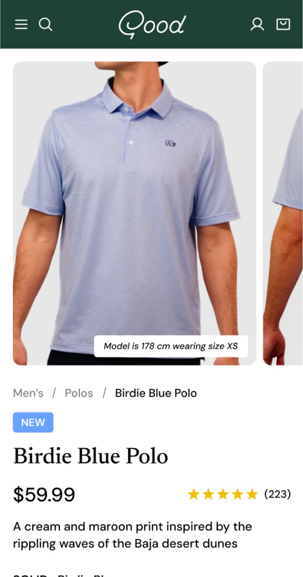 Mobile Shopify product page with pricing, reviews and size selection