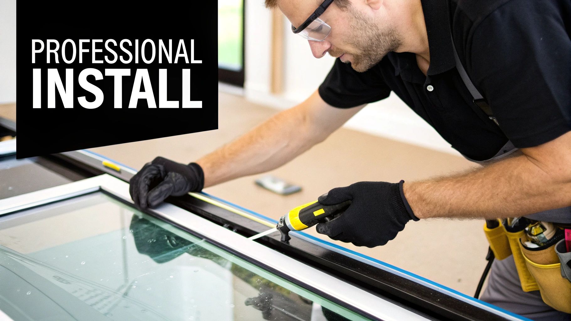 A professional installer wearing safety glasses and gloves seals a window frame with a specialized tool.