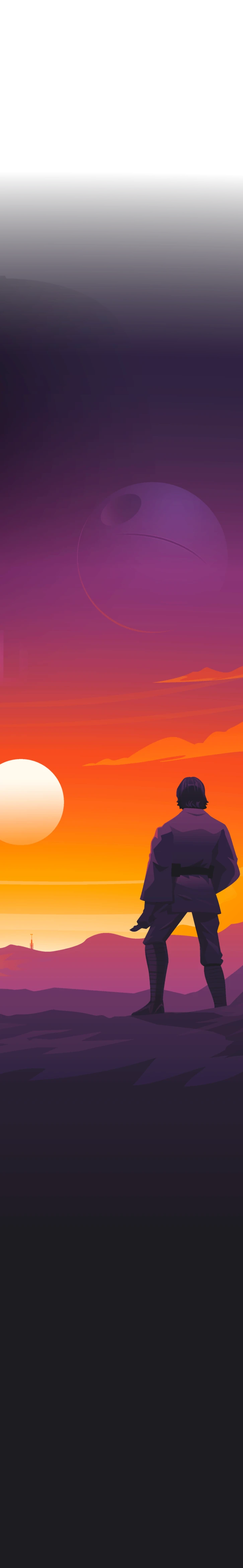 Silhouetted figure against a vibrant sunset with hues of orange, pink, and purple.