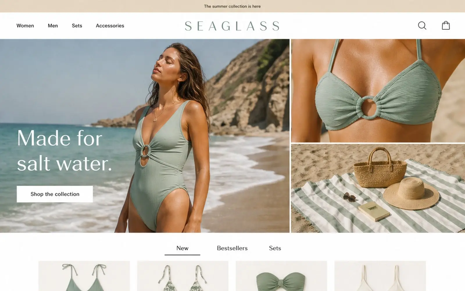 Shopify homepage design for Seaglass Swim, an example swimwear store