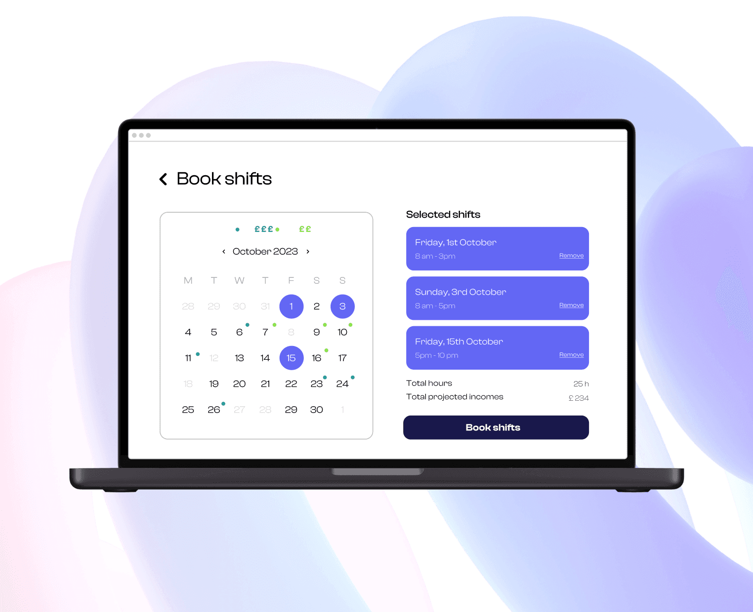 wireframs book shift calendar