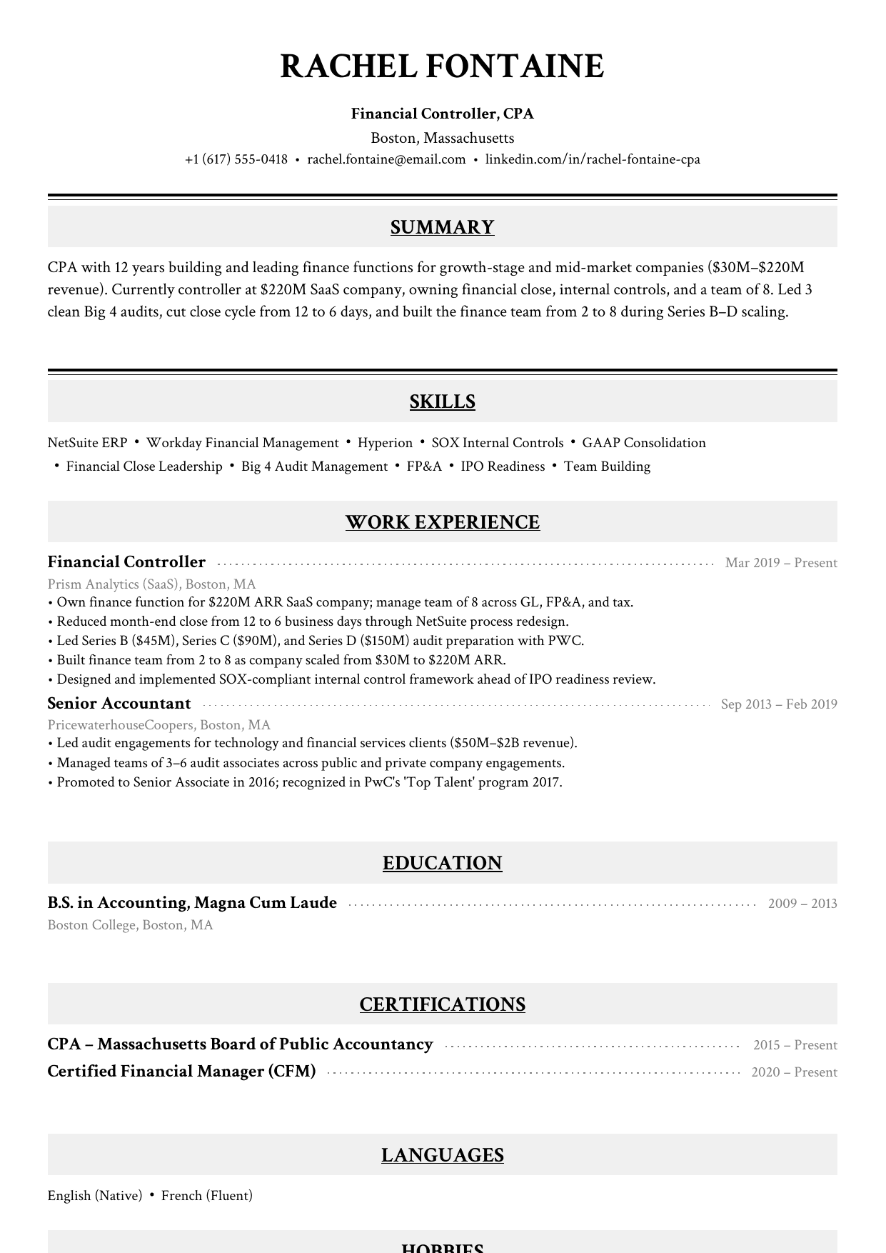 Financial controller resume example