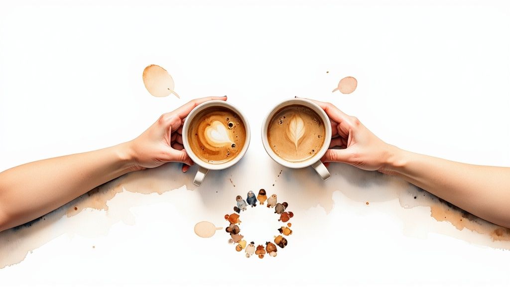 Hands holding coffee cups with latte art, figures symbolizing community on a white background.