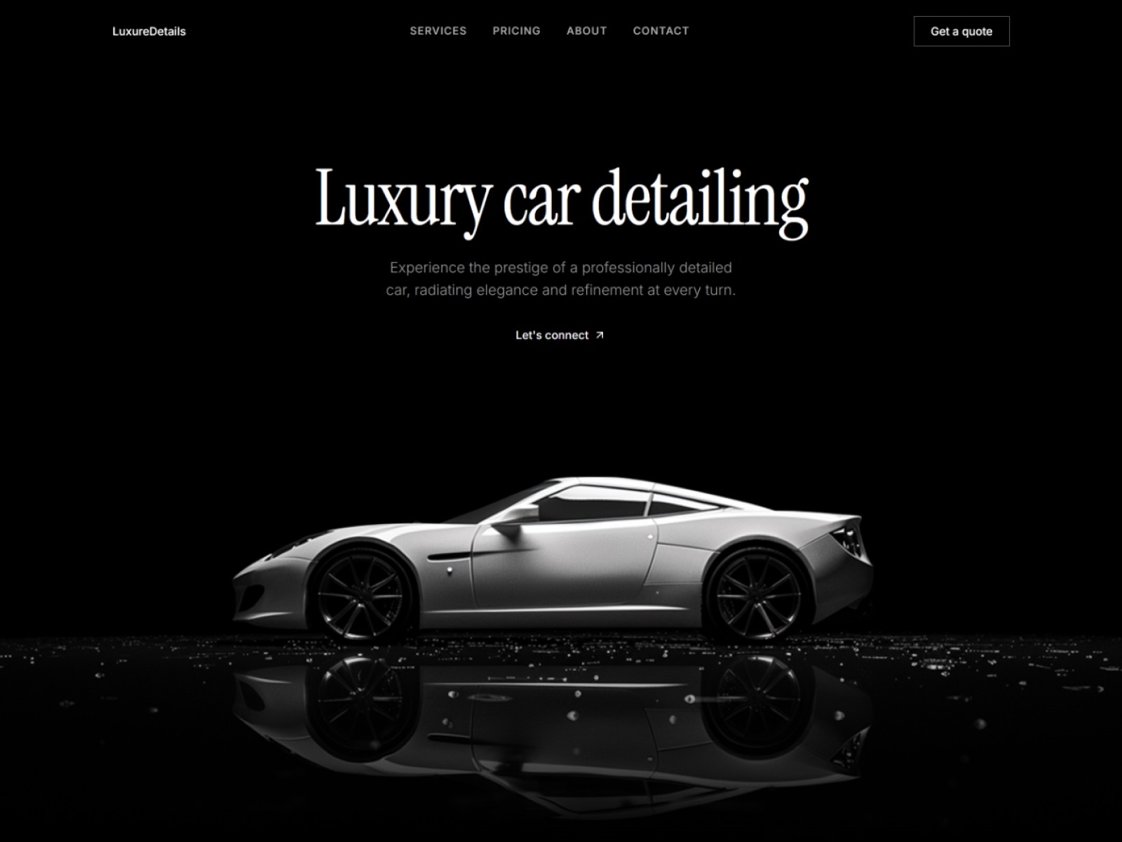 Car Detailing Website Prompt preview — hero section with pure black background, white Instrument Serif headline "Luxury car detailing" and cinematic car photography