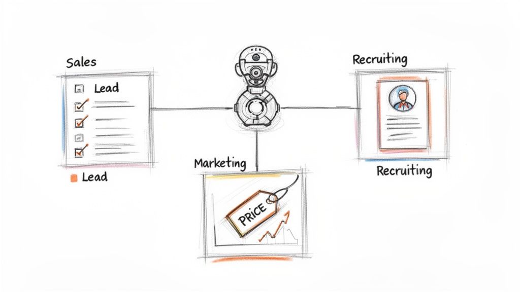 An AI robot connecting sales, marketing, and recruiting processes, demonstrating business integration.